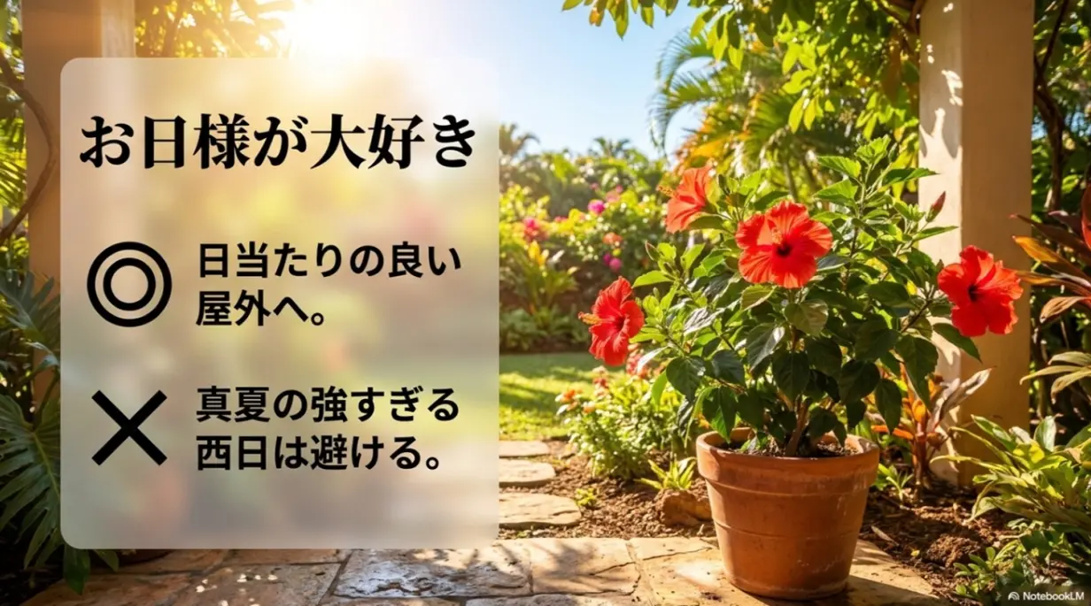 ハイビスカスはお日様が大好きなので日当たりの良い屋外に置く