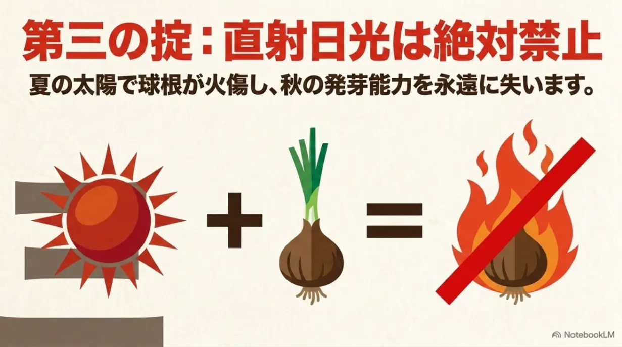 わけぎ栽培の第三の掟:直射日光は絶対禁止。球根の火傷を防ぐ