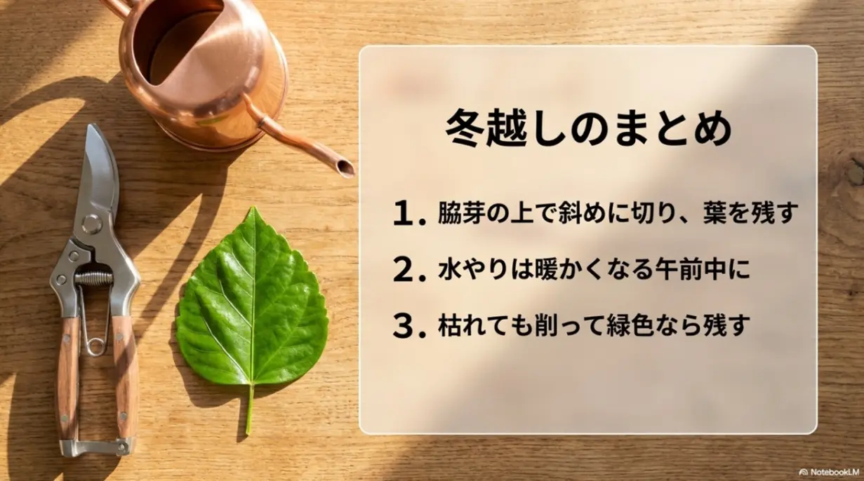 ハイビスカス冬越しのまとめ（斜めに切る、水やりは午前中、緑色なら残す）