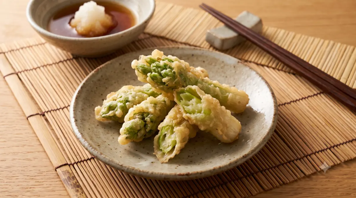 揚げたてのサクサクしたネギ坊主の天ぷらが、小皿に盛られ、食卓に並んでいる様子