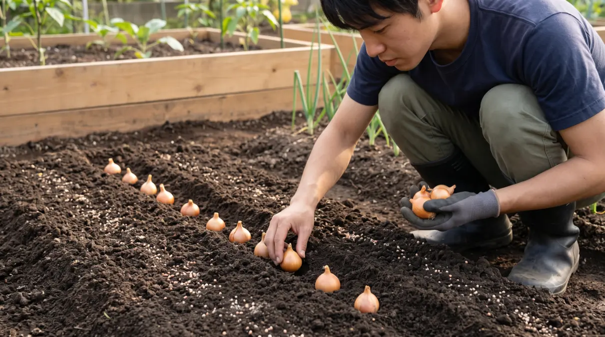 適切な株間(10-15cm)を保ち、健康なわけぎの種球をふかふかの土に浅植えする若い日本人男性。植えっぱなしを防ぐための正しい栽培の第一歩。