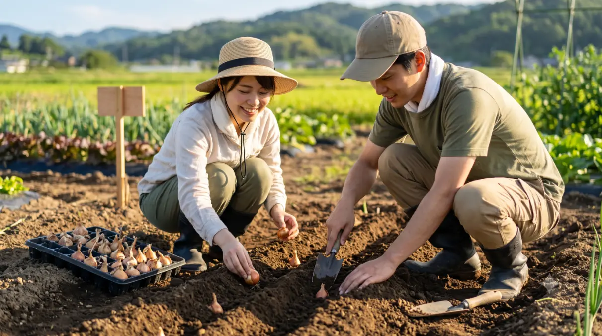 畑でわけぎの球根（種球）を植え付ける日本人カップル。女性が球根を等間隔に並べ、男性が土に溝を作っている。球根のトレイが近くにある。彼らは楽しげ。16:9。