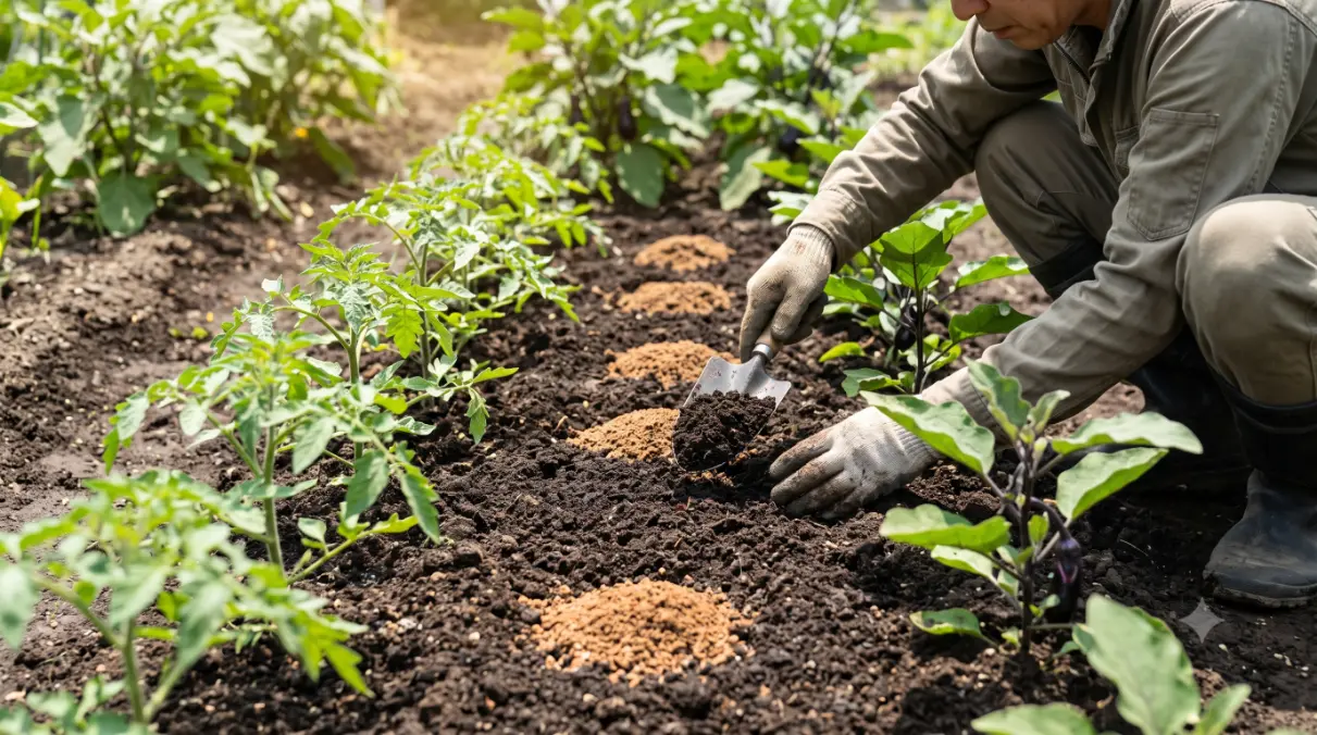 日当たりの良い家庭菜園で、植え付け前の土作りに未発酵の油かす肥料を均一に混ぜ込み、スコップで深く耕してガスを逃がす、丁寧な作業を行う日本人男性の手元。