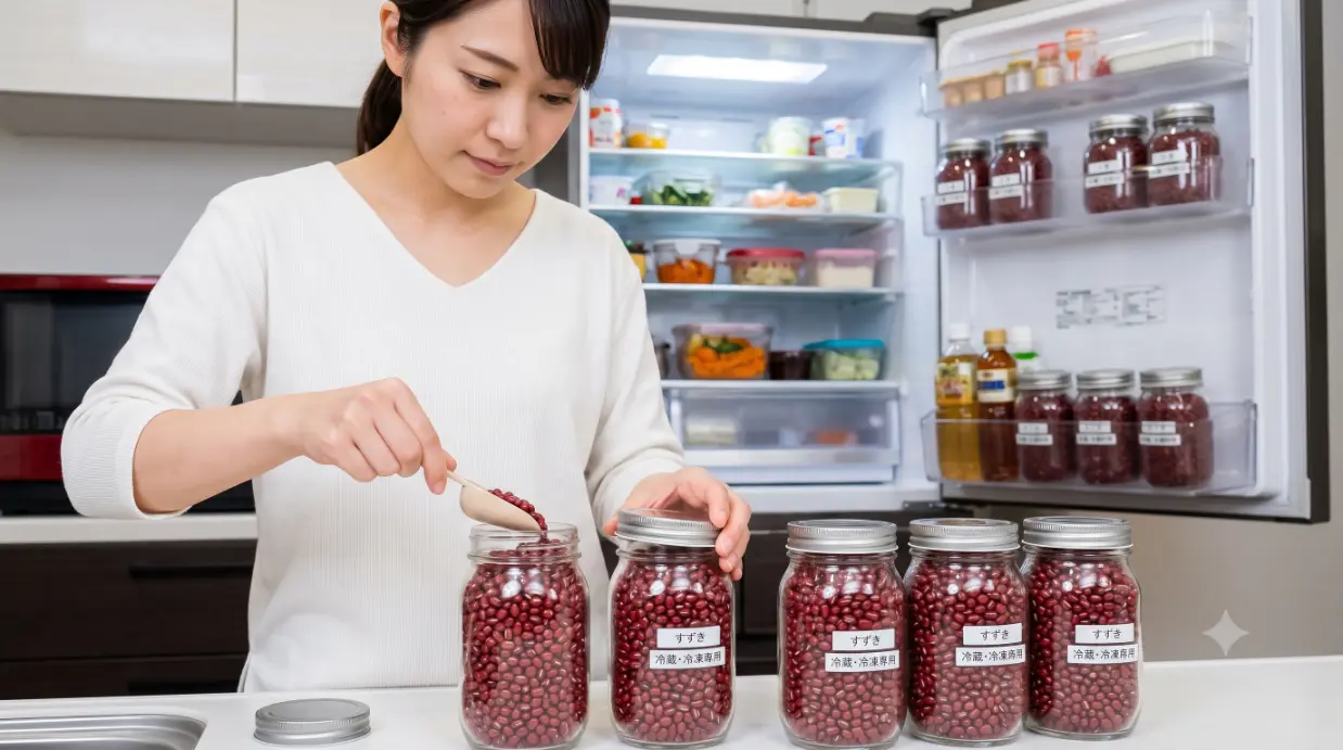 あずきをコクゾウムシから守るための硬質密閉容器へのパッキングと低温冷蔵保存の様子