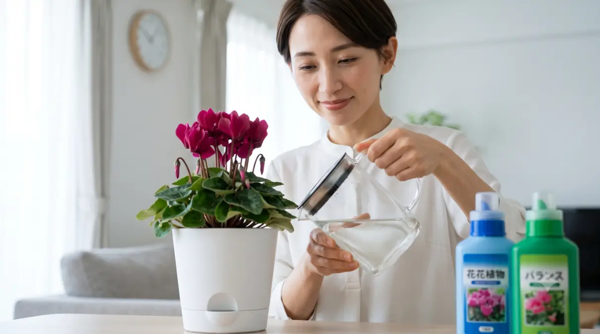 明るい室内で、若い日本人女性が底面給水鉢のシクラメンに薄めた液肥を丁寧に与えている、効果的な追肥のタイミングを示す写真。