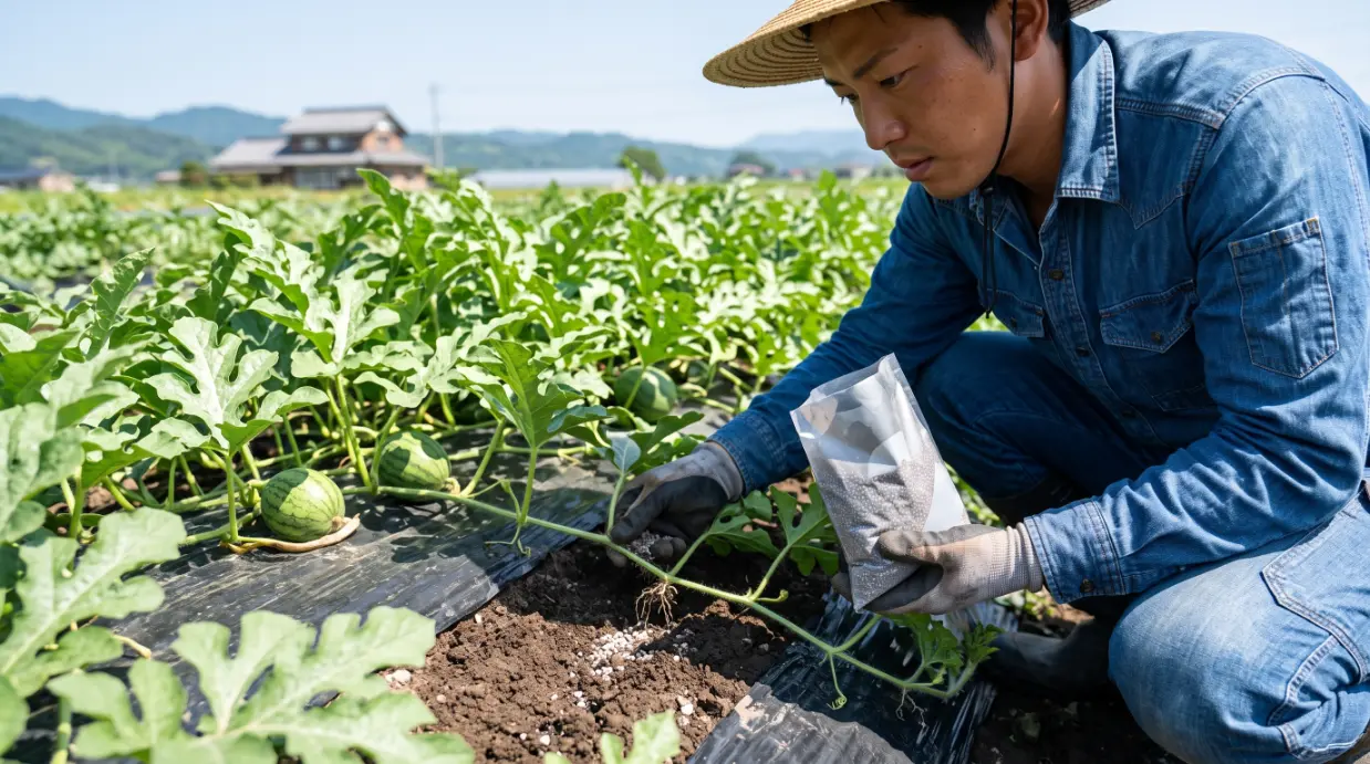 晴れた夏の日に、麦わら帽子とワークシャツを着た20代の日本人男性農家が、スイカ畑でしゃがみこみ、つるの先端付近の土に化成肥料を正確に施している。男性は手袋を着用し、肥料は小さな抽象的な柄の袋から取り出されている。つるの先端には新しい根毛が見え、株元から離れた位置への適切な追肥作業を示している。背景には他のスイカの列と伝統的な日本の家屋が見える。