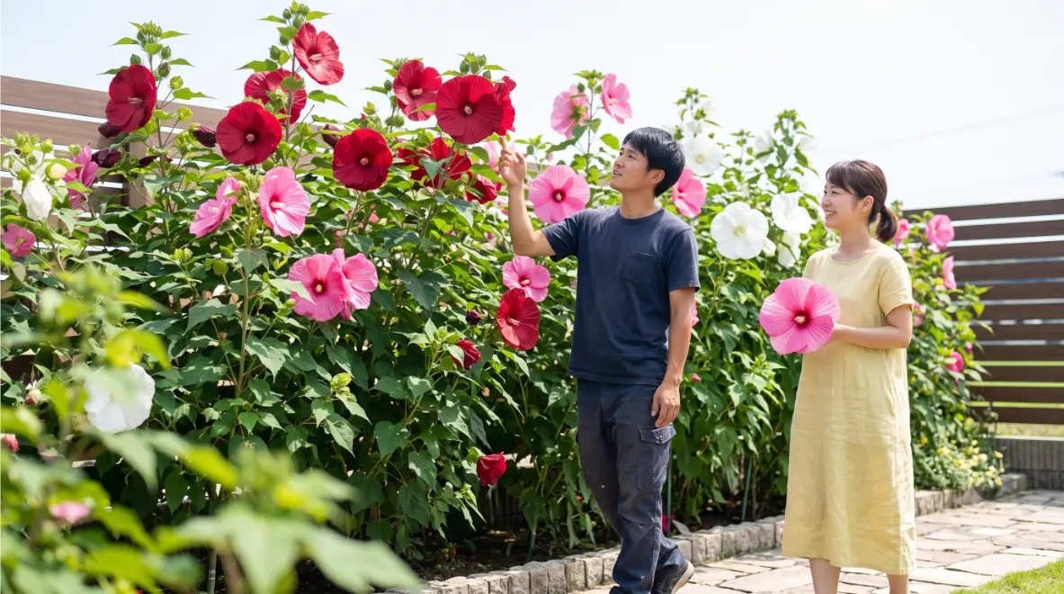 夏の庭で、背丈を超えるほど巨大に成長し、子どもの顔ほどある大きな花を咲かせたタイタンビカスを見上げる日本人の若い男女。宿根草タイプの耐寒性ハイビスカスの特徴を表現