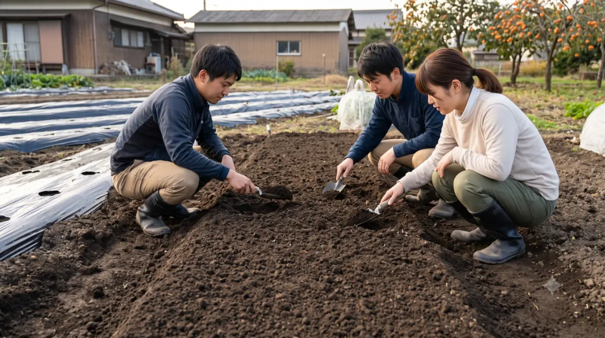 秋の日本の家庭菜園で、理想的な団粒構造を持つふかふかの土を作るため、若い男女のガーデナーが堆肥を混ぜ込んでいる様子。タマネギ栽培の土作りの基本を示す。