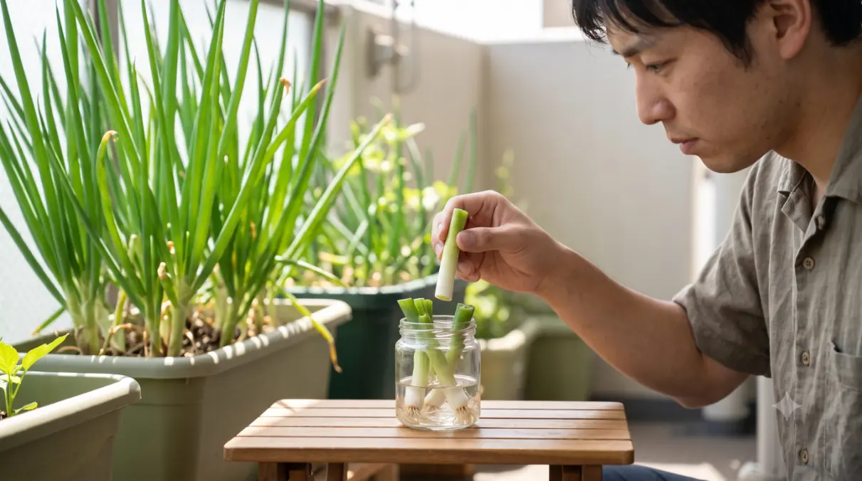 成長したネギが元気に育つベランダで、若い日本人男性が根元を残して切ったネギを水耕栽培（再生栽培）にする様子。