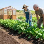 ネギを収穫した後の畑で、笑顔で次の野菜の生育状況を確認する若い女性園芸家とベテラン男性園芸家。背後には元気に育つジャガイモ、ホウレンソウ、キャベツが並ぶ。