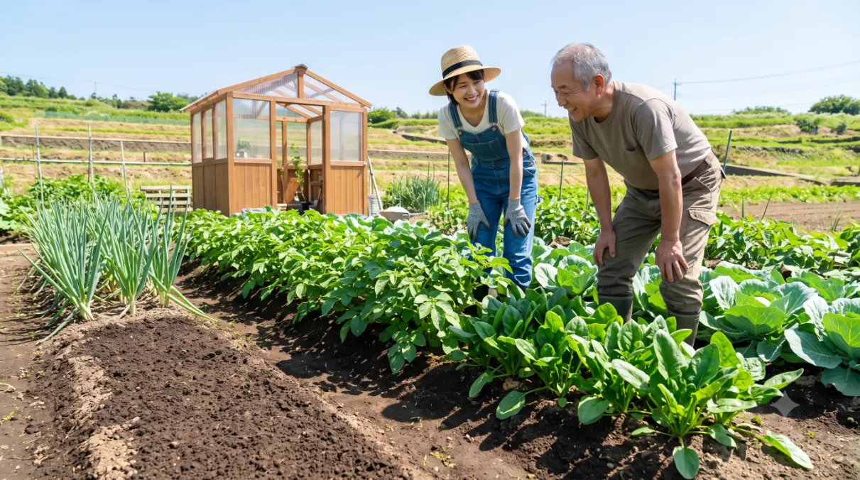 ネギを収穫した後の畑で、笑顔で次の野菜の生育状況を確認する若い女性園芸家とベテラン男性園芸家。背後には元気に育つジャガイモ、ホウレンソウ、キャベツが並ぶ。