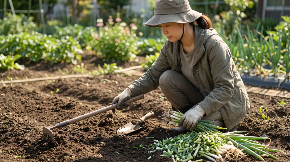 ネギ収穫後の畑で、残渣を細かく刻んで土にすき込み、丁寧に土づくりをする日本人女性