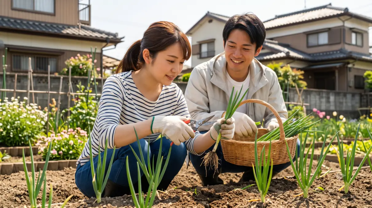晴れた日の日中に、清潔なハサミを使ってネギの苗の葉を適切な長さで切る日本人女性。切り口の乾燥と病害虫予防を意識した作業。
