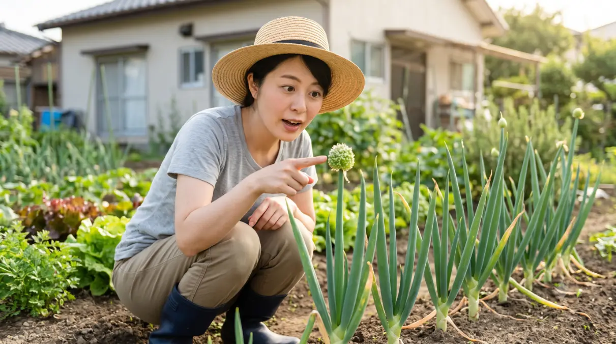 家庭菜園で、立派なネギ坊主ができたネギを見つめる日本人女性の様子