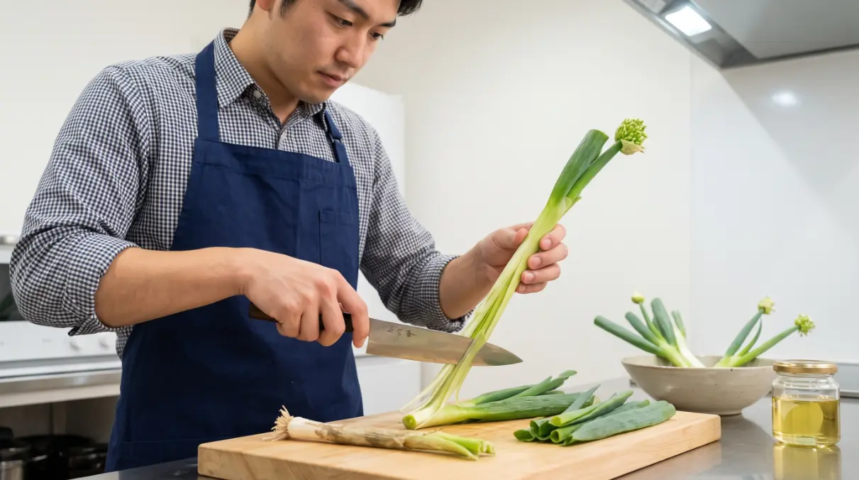 キッチンの調理台で、日本人男性がネギ坊主の硬い芯と柔らかい葉（可食部）を丁寧に切り分けている様子