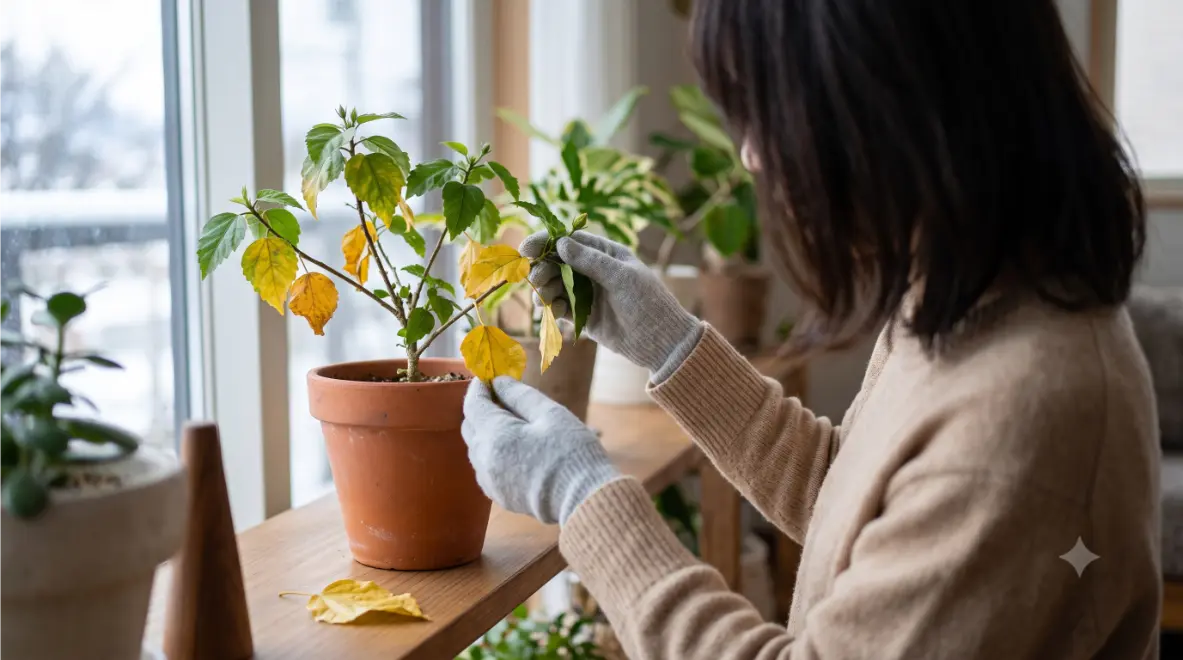 冬の室内で、日本人女性の手が、黄色く変色し落葉し始めた鉢植えハイビスカスの葉の状態を心配そうに確認している様子。