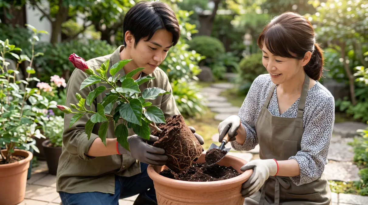 初夏の明るい庭で、根鉢を崩さずに新しい土へ植え替える日本人の男性（20代）と女性（40代）。健康的で水はけの良い土環境を作る。