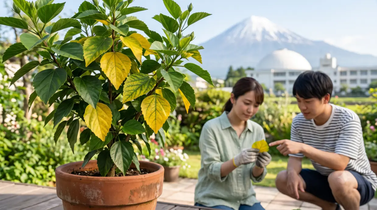 建物の屋上で、日本人の若いカップルがハイビスカスの鉢植えの葉が黄色くなっている原因（水やりや肥料の過不足など）について、葉を指差しながら話し合っている。