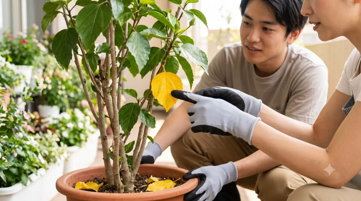 若い日本人の男女が、ハイビスカスの鉢植えにある黄色い葉を観察し、無理に切らず自然に落ちるのを待つべきか相談している。
