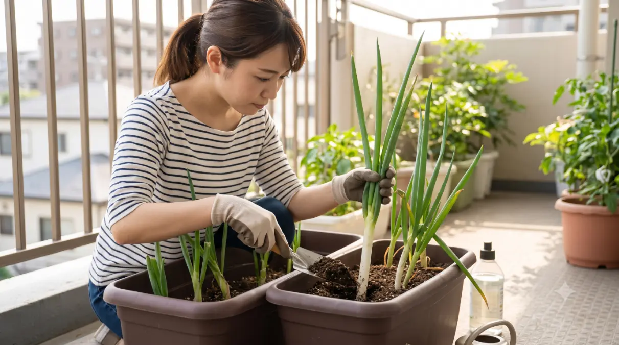 ベランダの深型プランターで長ネギの増し土（ましづち）をする日本人女性。片手で葉を支え、小さなスコップでもう片方の手で土を足している。土はネギの首元（葉の分岐点）の下に保たれている。液体肥料のボトルが近くにある。