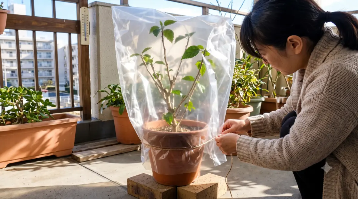 冬のベランダで、日本人女性の手が剪定後の鉢植えハイビスカスに透明なビニールシートをかけて防寒対策をしている様子。