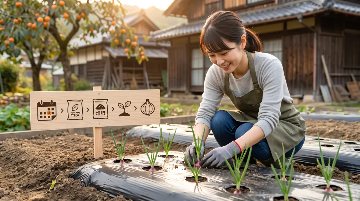初秋の日本の畑で、黒マルチを張った畝にタマネギの苗を定植する若い女性ファーマー。背景のサインは、定植日から逆算した計画的なスケジュール(堆肥、石灰、元肥の投入タイミング)を視覚的に表現している。