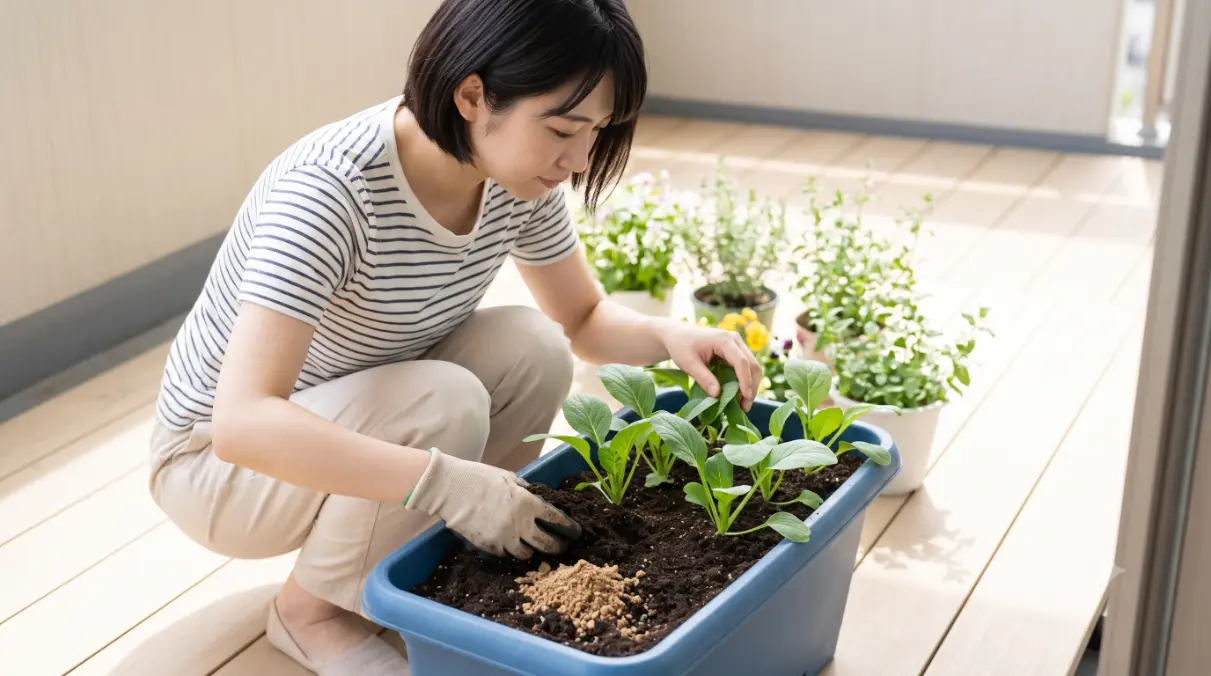 住宅地のベランダで、プランター栽培の葉物野菜(小松菜)に追肥として市販の発酵油かすを施す日本人女性。虫の発生を防ぐため、プランターの縁に沿って土に軽く埋め込んでいる。
