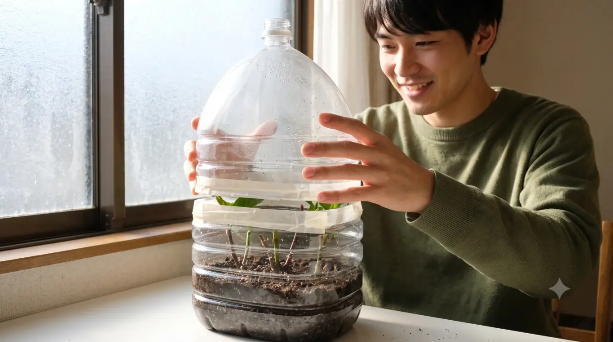 日本人の若い男性が、冬の窓辺で2Lペットボトルを再利用して作ったミニ温室を組み立てる様子。寒さからハイビスカスの挿し木を守るDIY技術。