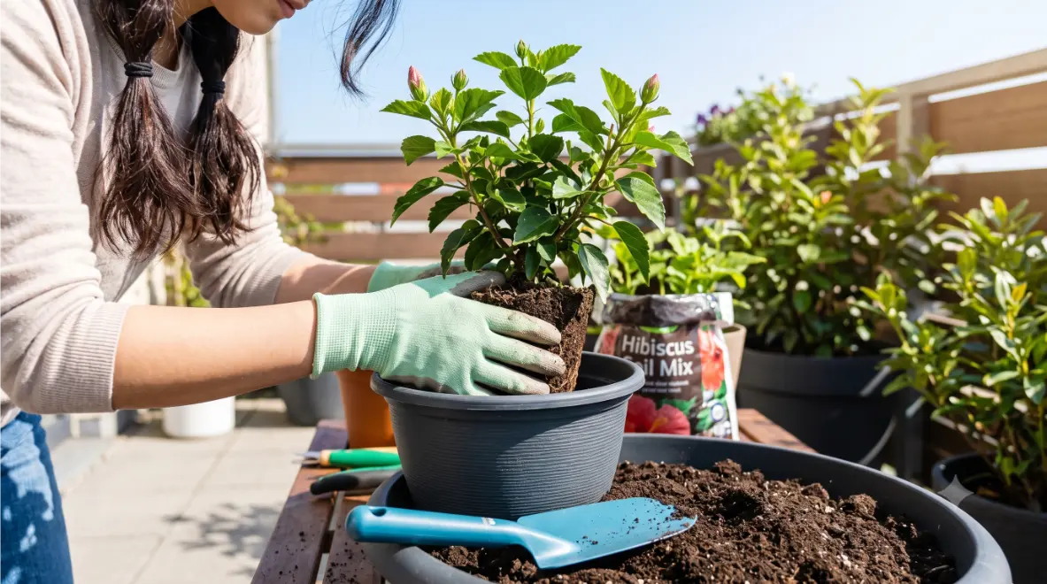 春の陽気が漂うベランダで、日本人女性の手が、新芽の出たハイビスカスを一回り大きな鉢へ植え替えている様子。