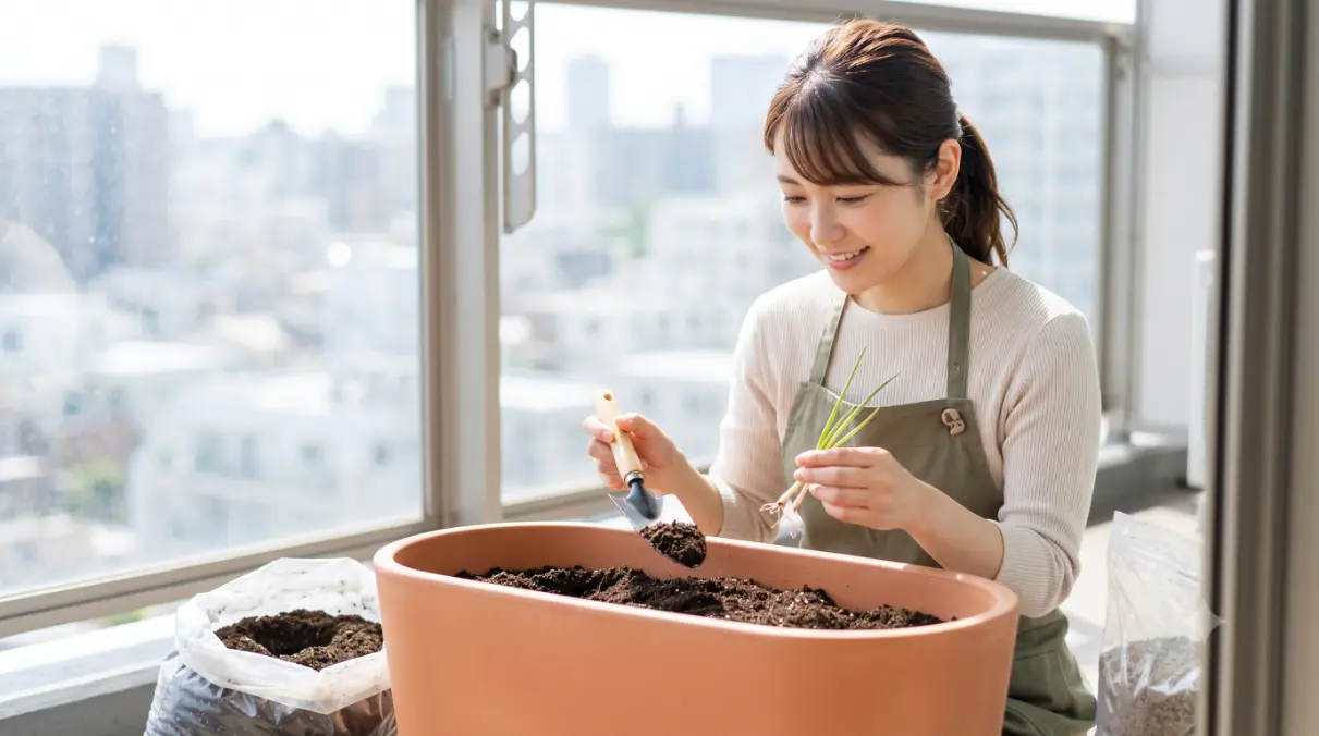 初心者向けのベランダ菜園で、若い日本人女性が笑顔でネギのプランター栽培を始める様子。