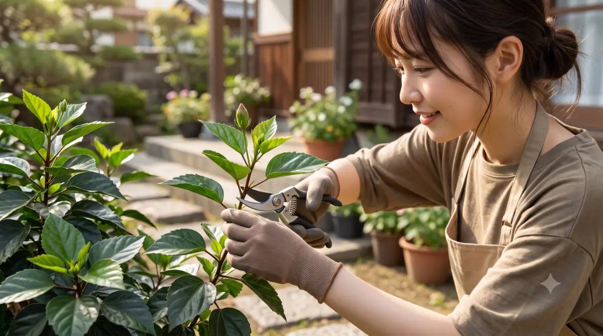 日本人の若い女性が、夏の庭でハイビスカスの健康な新芽のすぐ上で剪定バサミを使い、失敗しないコツを実践している