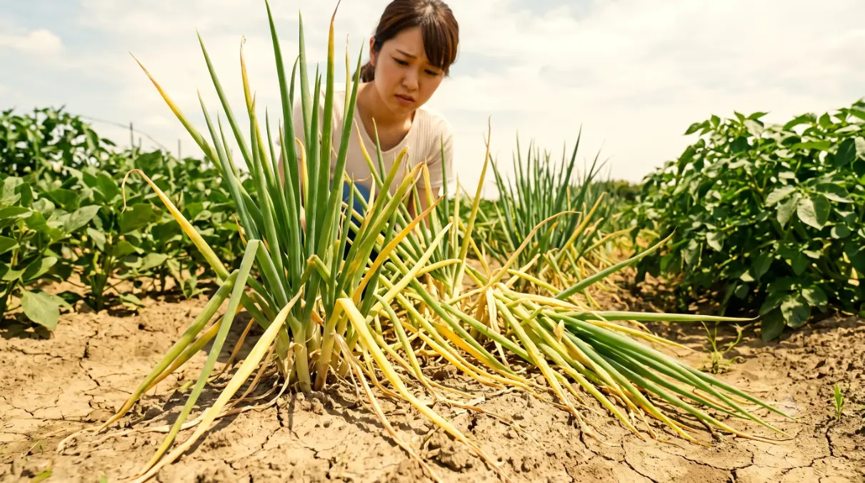 初夏の畑で、黄色く枯れて倒れ始めたわけぎの株を、不安げに見つめる若い日本人女性。これは正常な休眠のサインであり、球根にエネルギーを送る重要な時期。