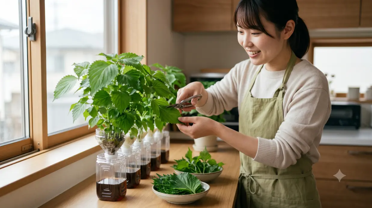 明るい室内の窓辺で、エプロンをつけた笑顔の日本人女性がハサミを使い、ペットボトル水耕栽培で青々と育ったしその葉を収穫している様子。