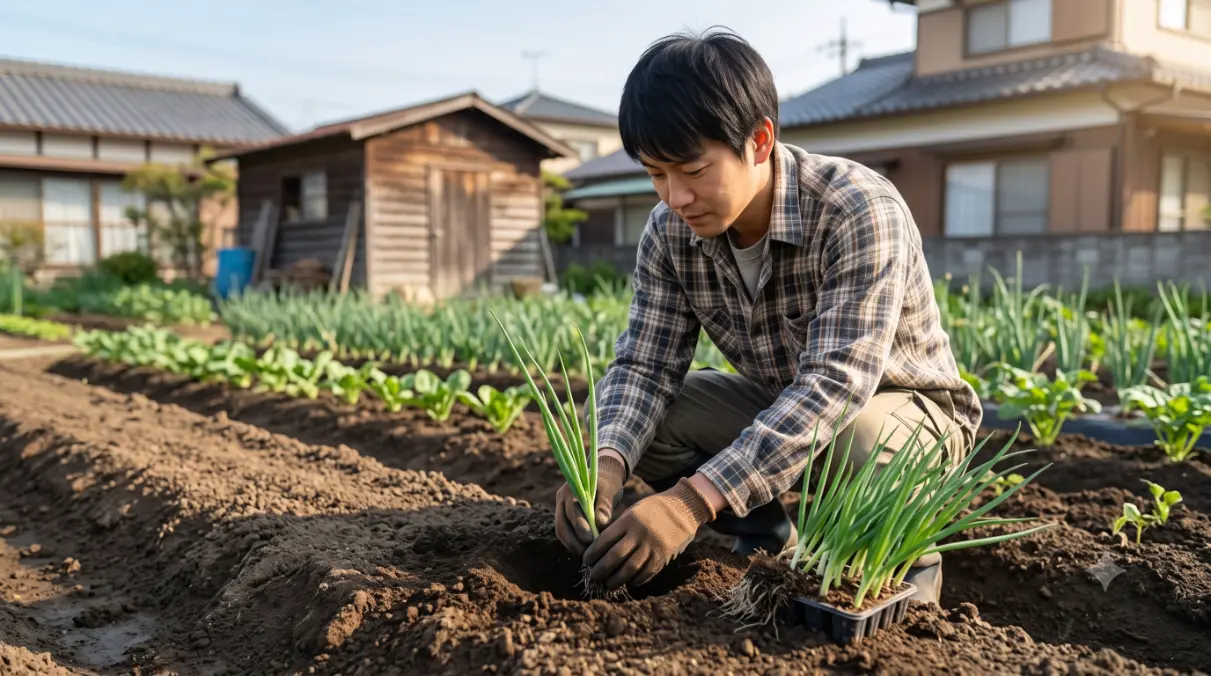 春の穏やかな日に、家庭菜園の畝にネギの苗を丁寧に定植する日本人男性。最適な時期を選び、活着を促す植え付けの様子。