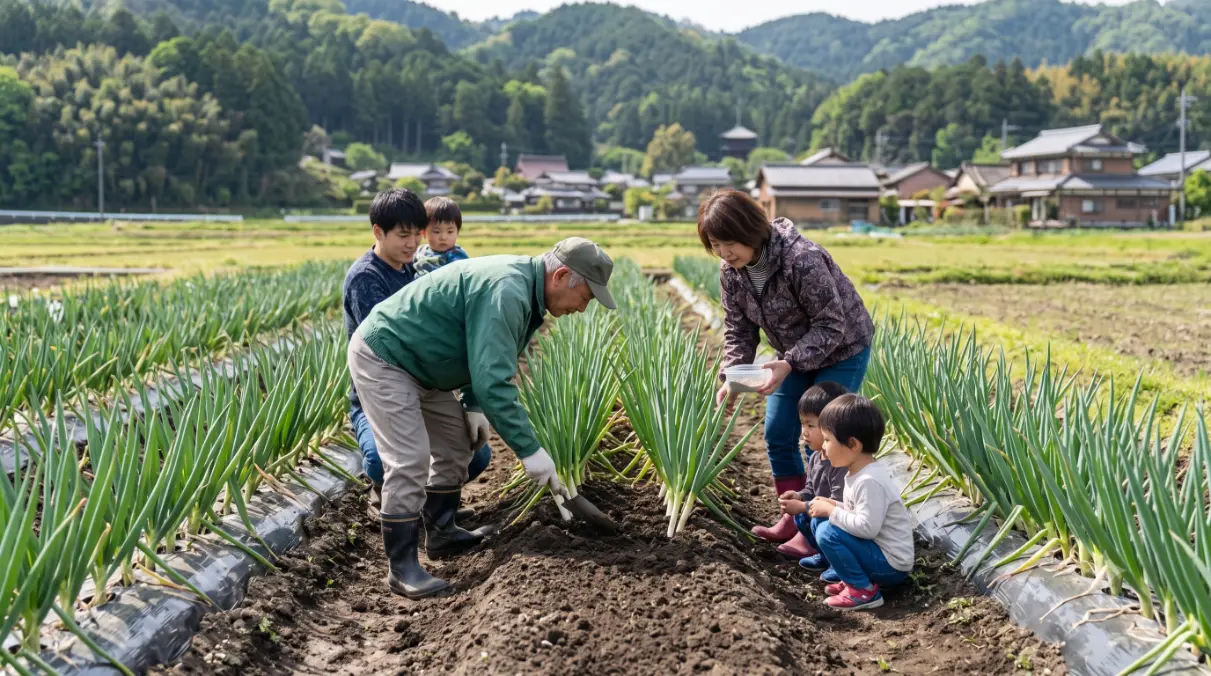 日本人家族の三世代が協力して、畝に植えられた九条太ネギ（根深ネギ）の列に土寄せと追肥を行う風景。手前には若いネギの苗が並び、土を盛る祖父、肥料を撒く祖母、それを見守る父と複数の子供たちが、豊かな農村の山並みと伝統的な家屋を背景に作業する様子