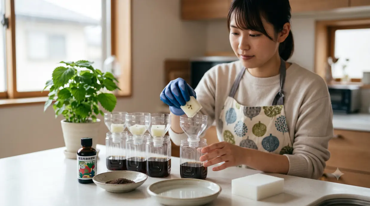 日本人女性がキッチンカウンターで、カットしたペットボトルとスポンジ、液体肥料を使い、しその水耕栽培容器を準備している様子。