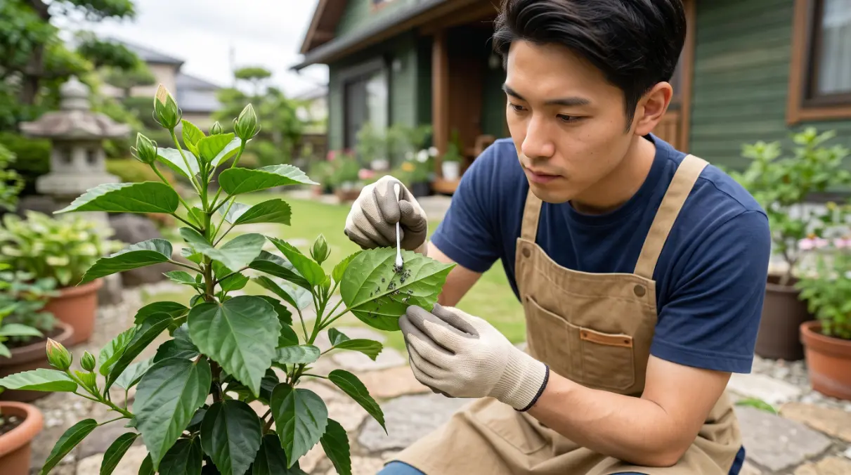 日本人の若い男性が、自宅の庭でハイビスカスの葉の裏を注意深く確認し、小さな害虫を手作業で取り除いている。害虫や病害の予防策を視覚的に示す。