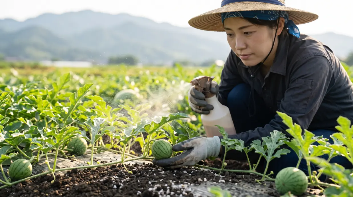 初夏の日本の農園で、実がピンポン玉ほどの大きさに育ったスイカの株元に、30代の日本人女性農家が、専用の葉面散布剤（液肥）を、ハンディスプレーを使って丁寧に散布している。女性は麦わら帽子、手袋、作業服を着用し、スイカの実と葉全体に液肥が均一にかかるよう、細心の注意を払っている。背景には緑豊かなスイカ畑と遠くの山々が見える。