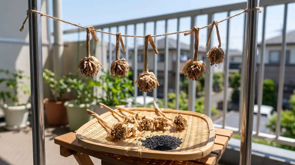 風通しの良いベランダで、来年の種取りのために茶色く枯れたネギ坊主を吊るして乾燥させている様子