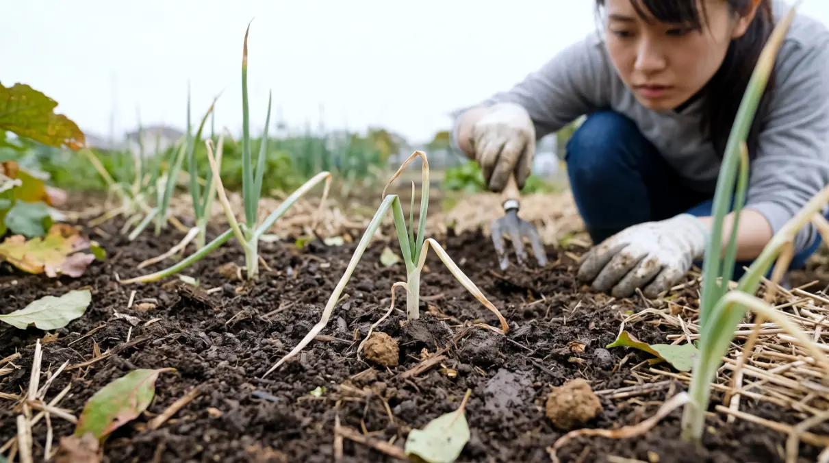 植え替え直後のネギ。外側の古い葉が自然な新陳代謝で枯れ始めている。根腐れや肥料焼けではない、正常な生育過程の一場面。