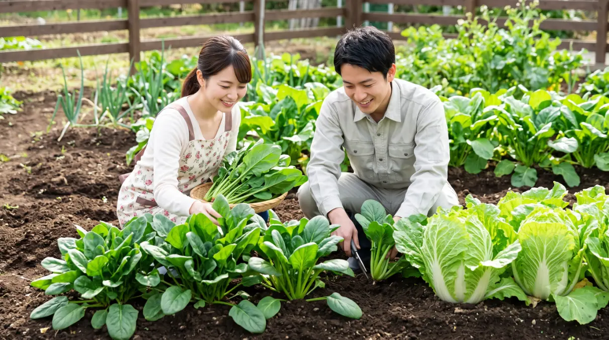 日当たりの良い家庭菜園で、油かす肥料の豊富な窒素成分を吸収し、色鮮やかで肉厚に育ったほうれん草や小松菜を収穫する笑顔の日本人夫婦。