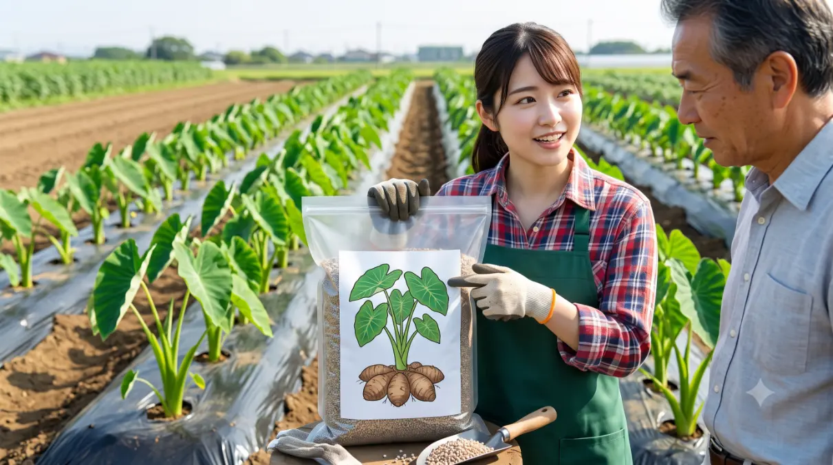 園芸の手袋をはめた日本の若い女性が、里芋のイラストと仕組みが描かれた一発肥料（被覆肥料）の大きな袋を指さし、隣に立つ高齢の男性に笑顔でその省力効果を説明している、晴れた日の里芋畑の風景。