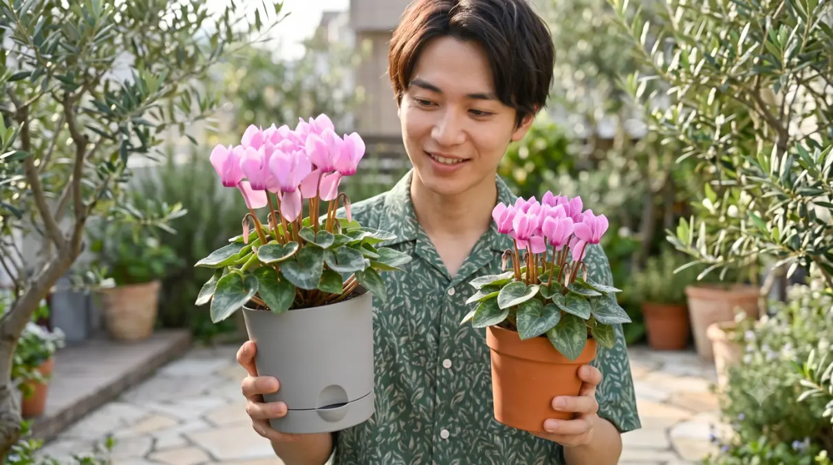 明るい屋外テラスで、若い日本人男性が室内のピンクシクラメン(底面給水鉢)と、より丈夫なガーデンシクラメン(テラコッタ鉢)を並べて比較し、外での管理の違いを確認している様子。