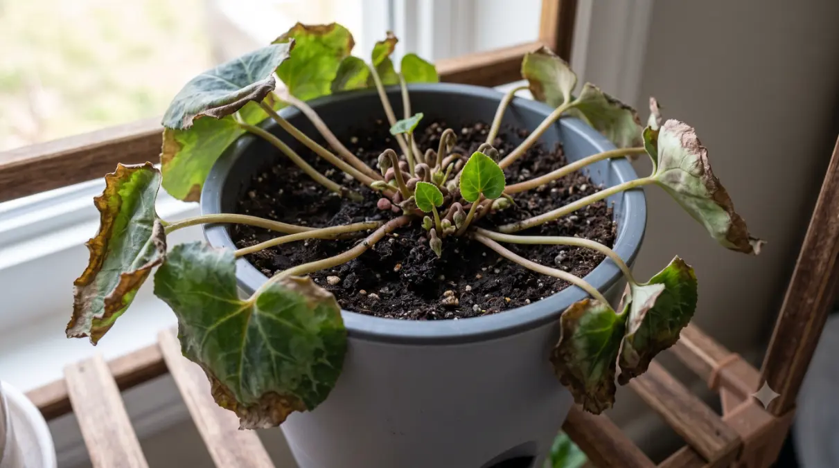 肥料の与えすぎ(肥料焼け)で外側の葉が茶色く縮れて萎れたシクラメンの鉢植え。中心部からは、回復を示す新しい元気な緑色の小さな葉が芽生えている。