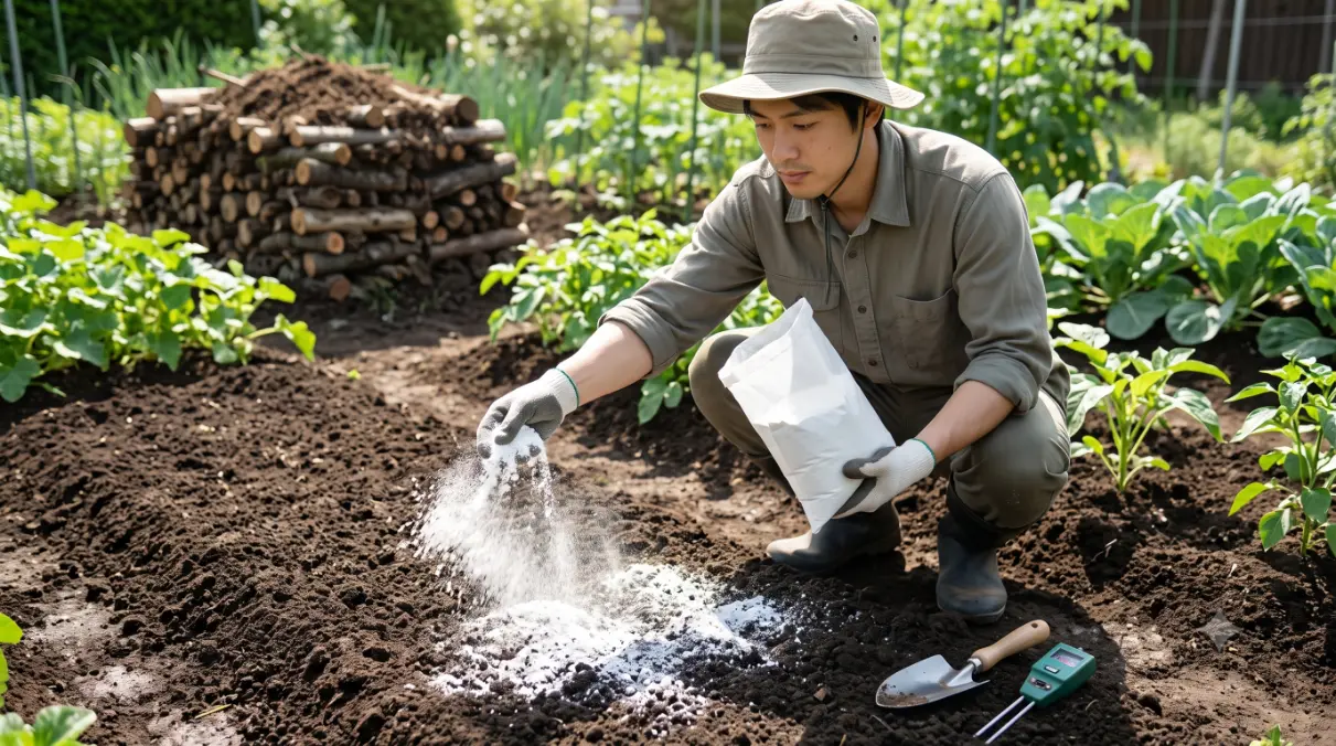 ネギ収穫後の土壌に、酸度調整のために白い苦土石灰を均一にまく日本人男性