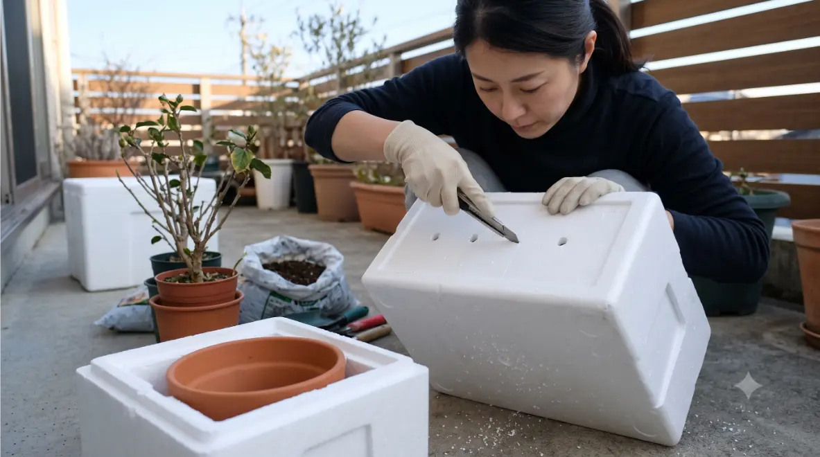 冬のベランダで、日本人女性の手が発泡スチロール箱の底に水抜き穴を開け、ハイビスカスの鉢植えを入れて保温準備をする様子。