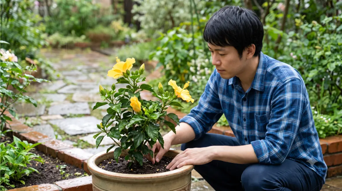 雨が降る庭で鉢植えのハイビスカスの土の状態を確認する日本人の若い男性。根腐れや水切れの水分管理の難しさを表現。