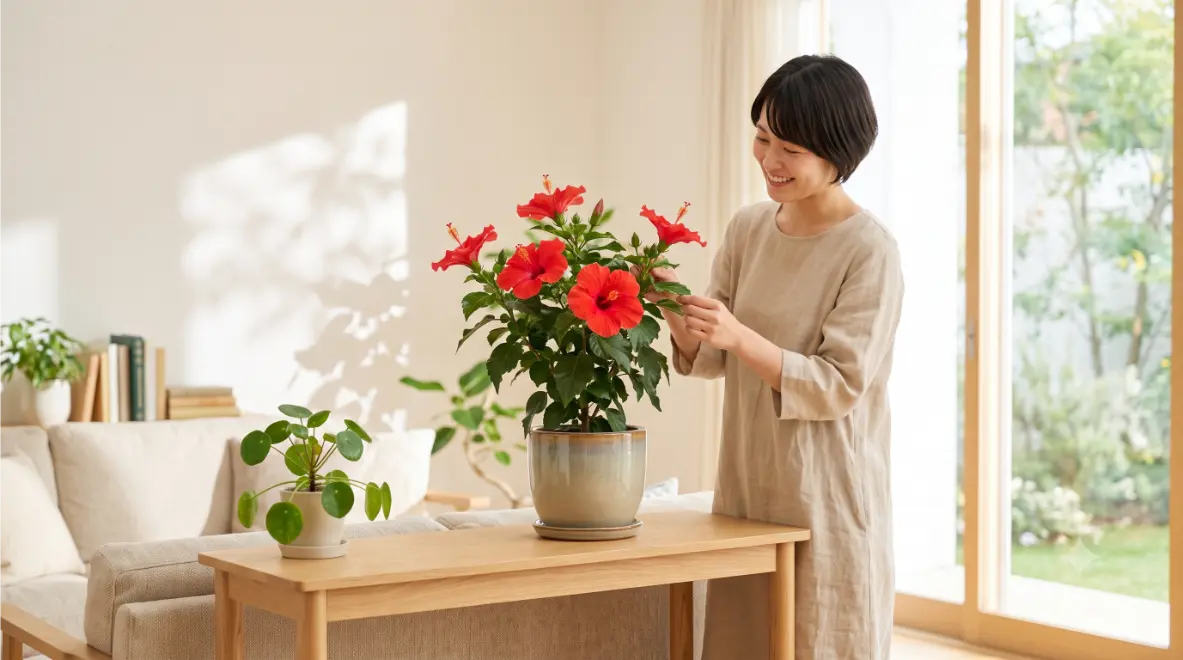 明るく陽の光が差し込むリビングで、風水的に良いとされる赤いハイビスカスの鉢植えを笑顔で手入れする日本人の若い女性。