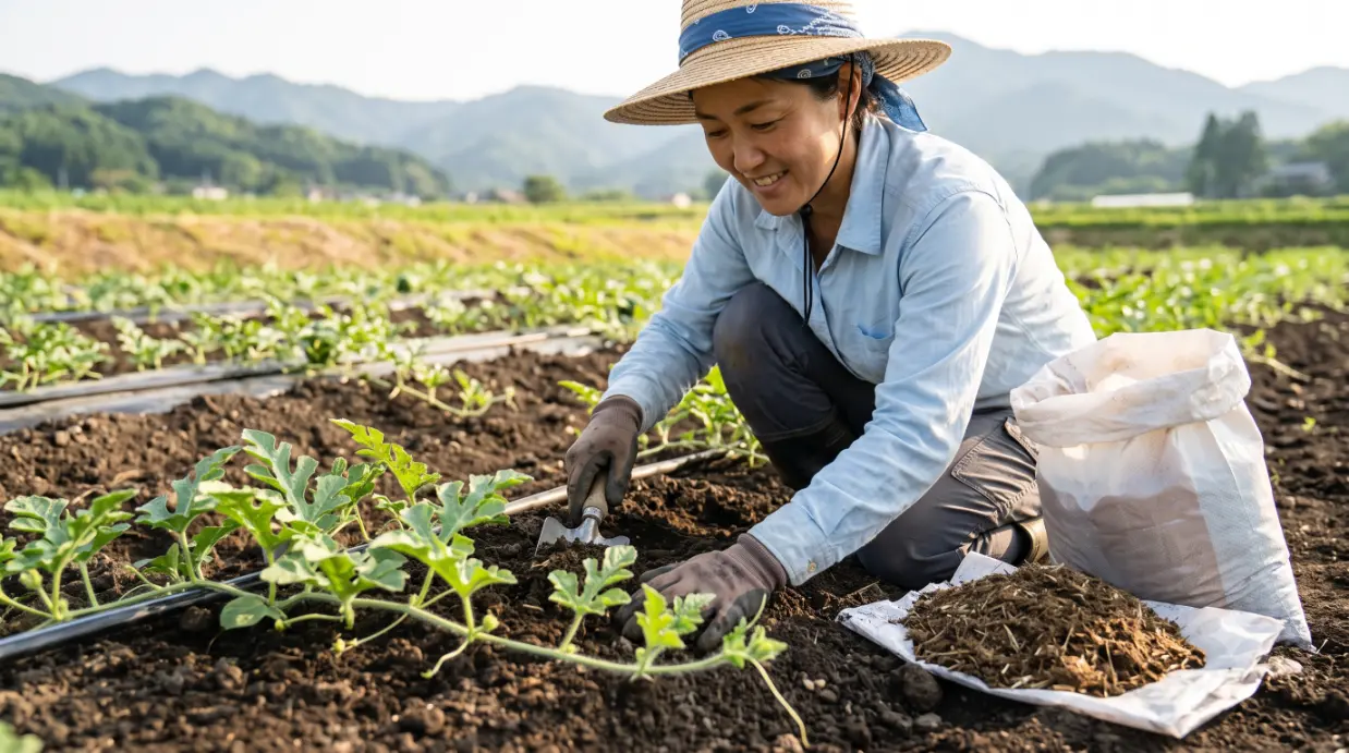 初夏の太陽が降り注ぐ日本の農園で、30代の日本人女性農家が、若々しいスイカの苗の周囲の土に、手鍬を使って完熟鶏糞を丁寧に混ぜ込んでいる。土は豊かで黒く、女性は手袋と麦わら帽子、ワークシャツを着用している。背景にはなだらかな丘陵と伝統的な日本の田舎の風景が広がり、有機農業の実践を表現している。
