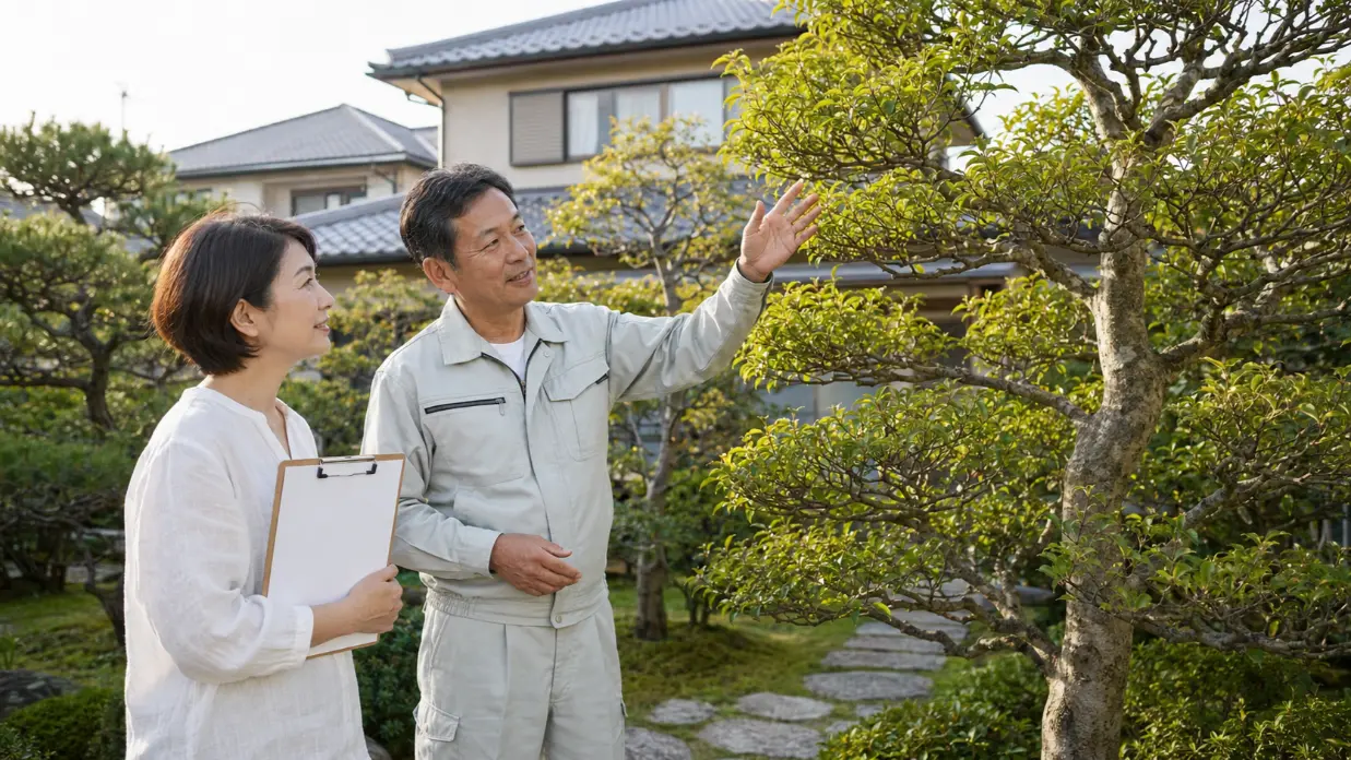 庭木の仕上がりを相談する日本人の依頼者と剪定業者